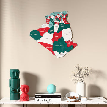 Flag colored Algeria wooden wall map above a marble console, front view