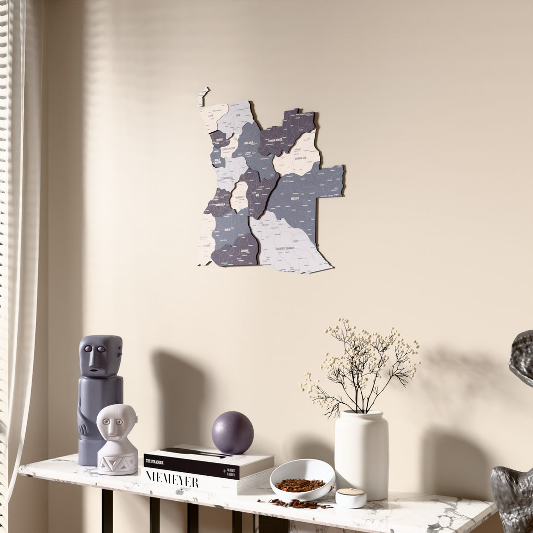 Nimbus Angola wooden wall map beside a sheer curtain, angled view