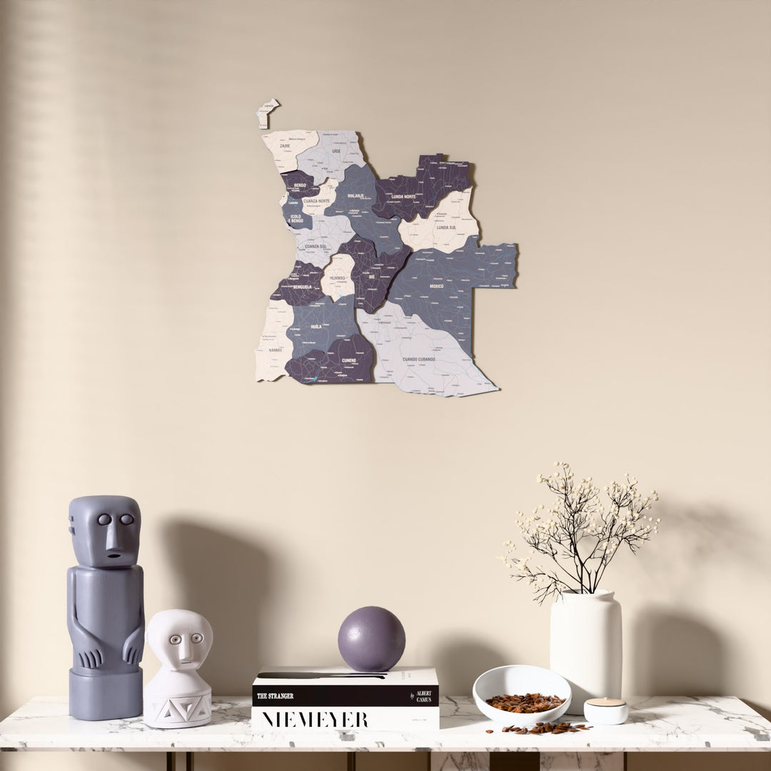 Nimbus Angola wooden wall map above a marble console, front view