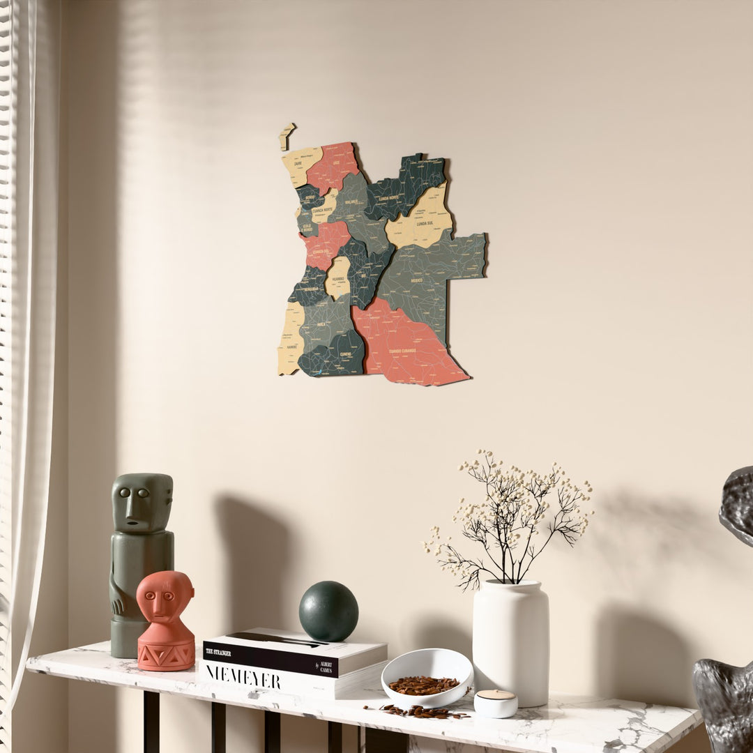 Sage Angola wooden wall map beside a sheer curtain, angled view