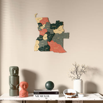 Sage Angola wooden wall map above a marble console, front view