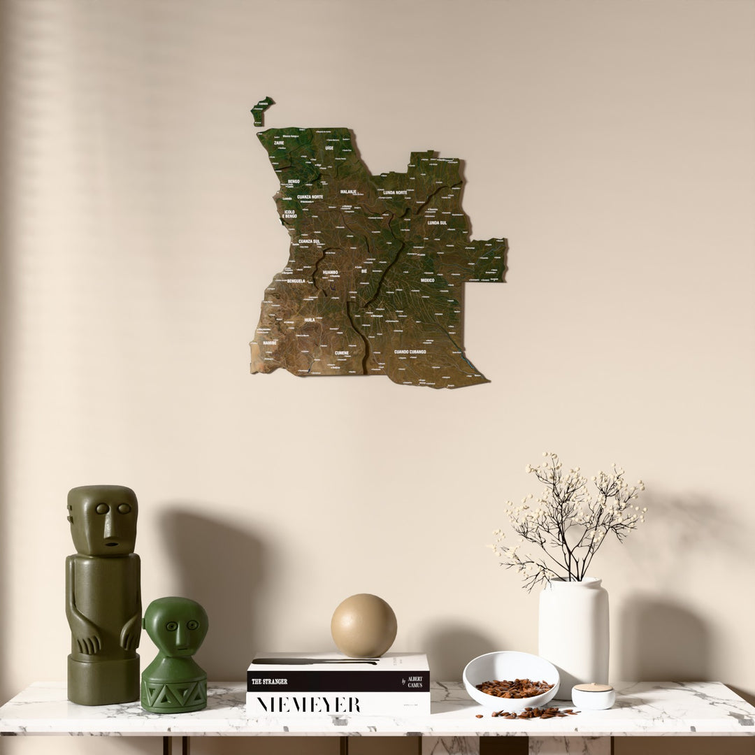 Satellite Angola wooden wall map above a marble console, front view