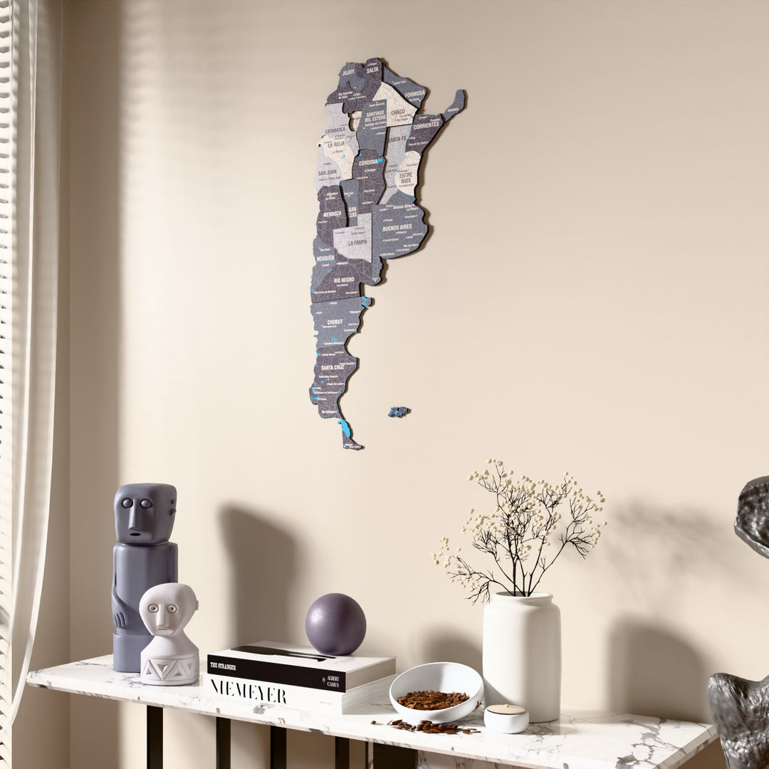 Nimbus Argentina wooden wall map beside a sheer curtain, angled view