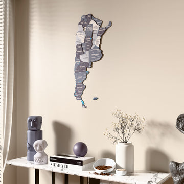 Nimbus Argentina wooden wall map beside a sheer curtain, angled view