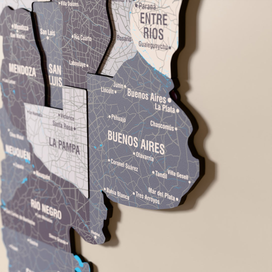 Close-up of the Nimbus Argentina wooden wall map with layered regions and printed names