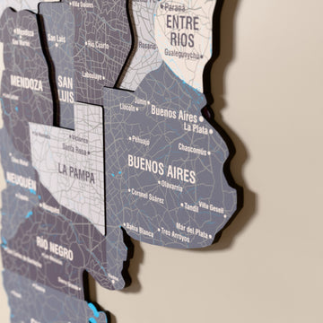 Close-up of the Nimbus Argentina wooden wall map with layered regions and printed names
