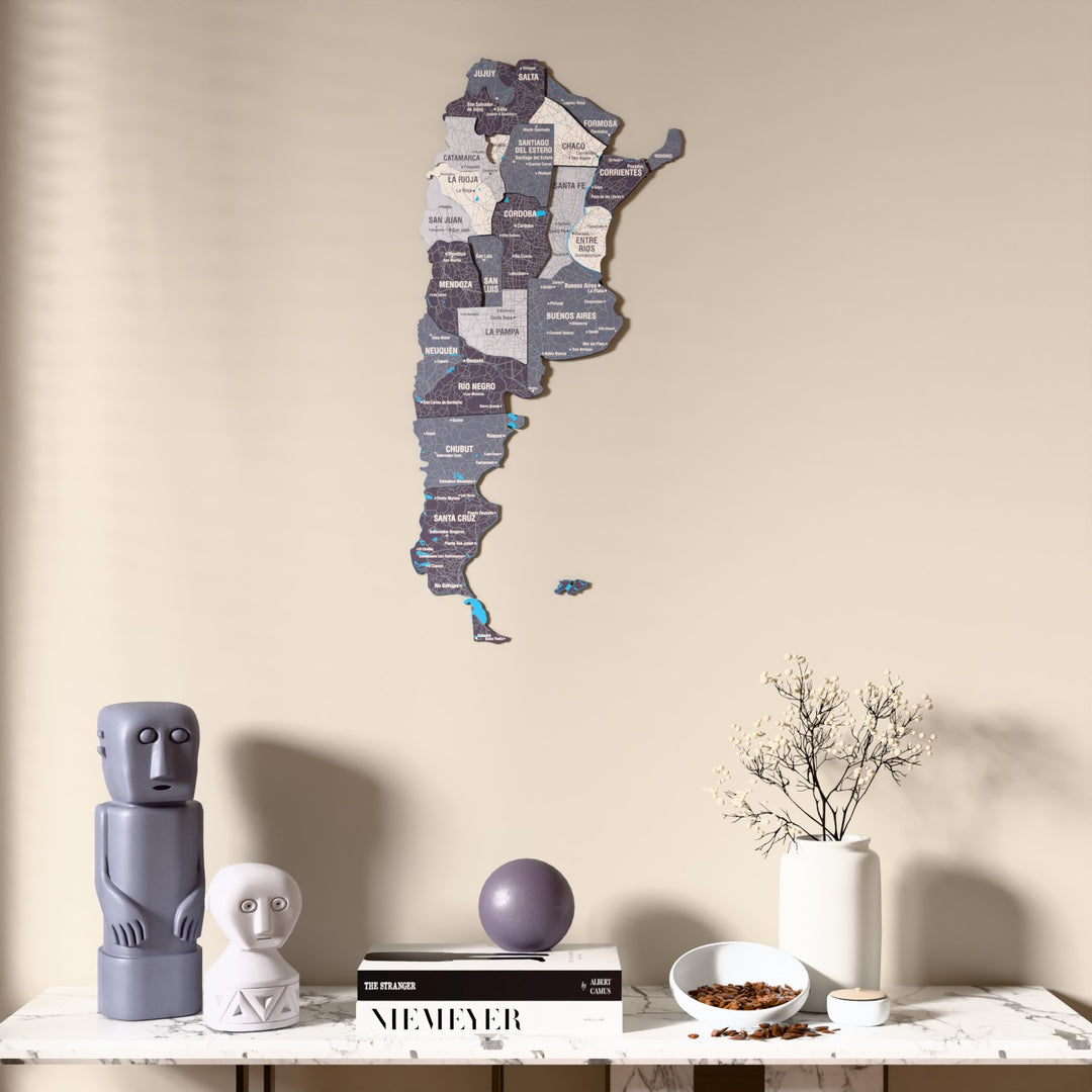 Nimbus Argentina wooden wall map above a marble console, front view