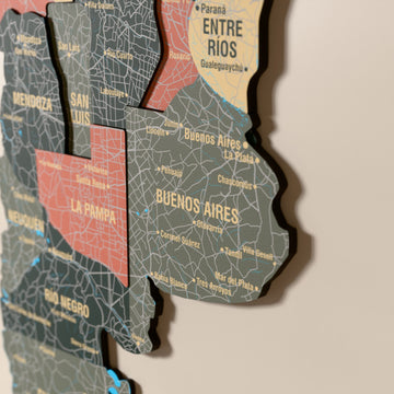 Close-up of the Sage Argentina wooden wall map with layered regions and printed names
