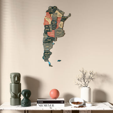 Sage Argentina wooden wall map above a marble console, front view