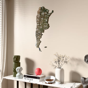 Satellite Argentina wooden wall map beside a sheer curtain, angled view