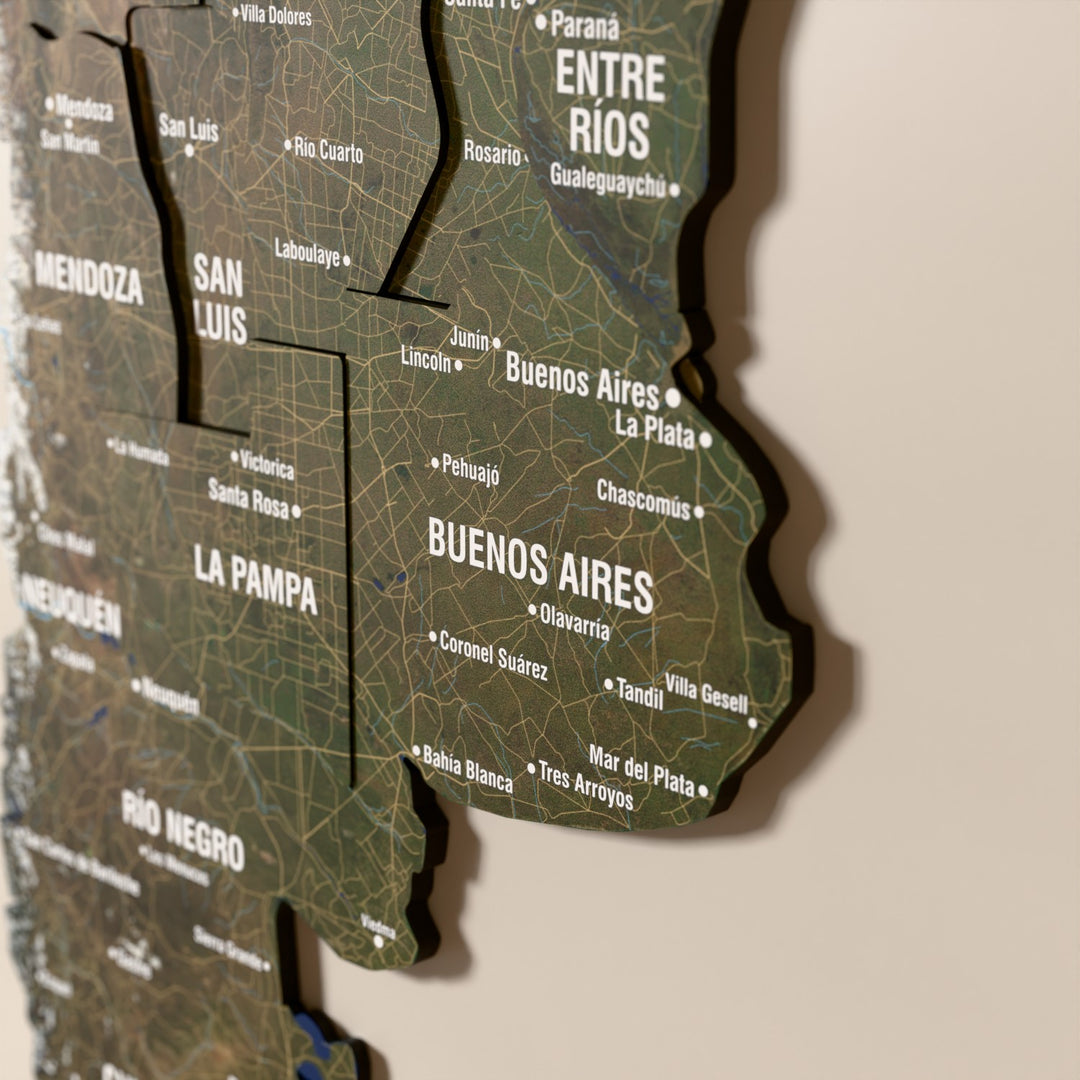 Close-up of the Satellite Argentina wooden wall map with layered regions and printed names