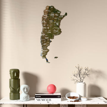 Satellite Argentina wooden wall map above a marble console, front view