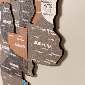 Close-up of the Soil Argentina wooden wall map with layered regions and printed names