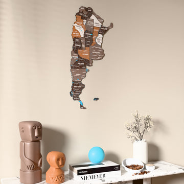 Soil Argentina wooden wall map on a beige wall above a console with figurines