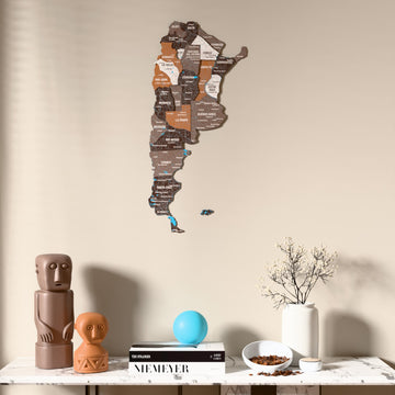 Soil Argentina wooden wall map above a marble console, front view