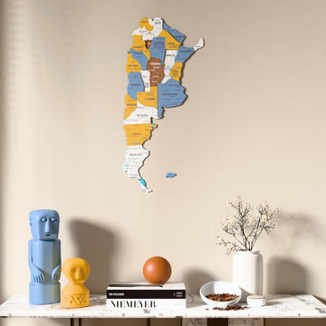 Flag colored Argentina wooden wall map above a marble console, front view