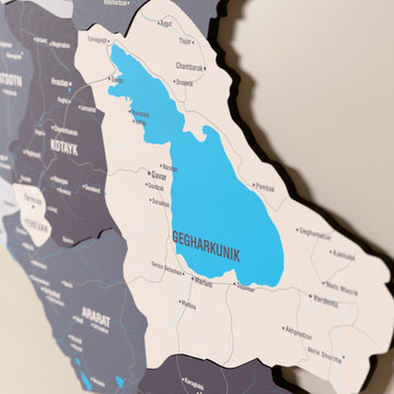 Close-up of the Nimbus Armenia wooden wall map with layered regions and printed names