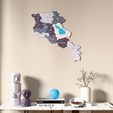 Nimbus Armenia wooden wall map above a marble console, front view