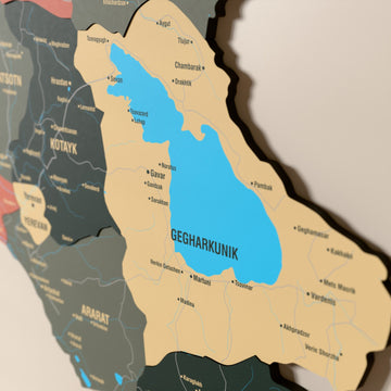 Close-up of the Sage Armenia wooden wall map with layered regions and printed names