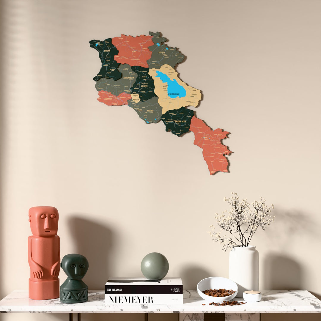 Sage Armenia wooden wall map above a marble console, front view