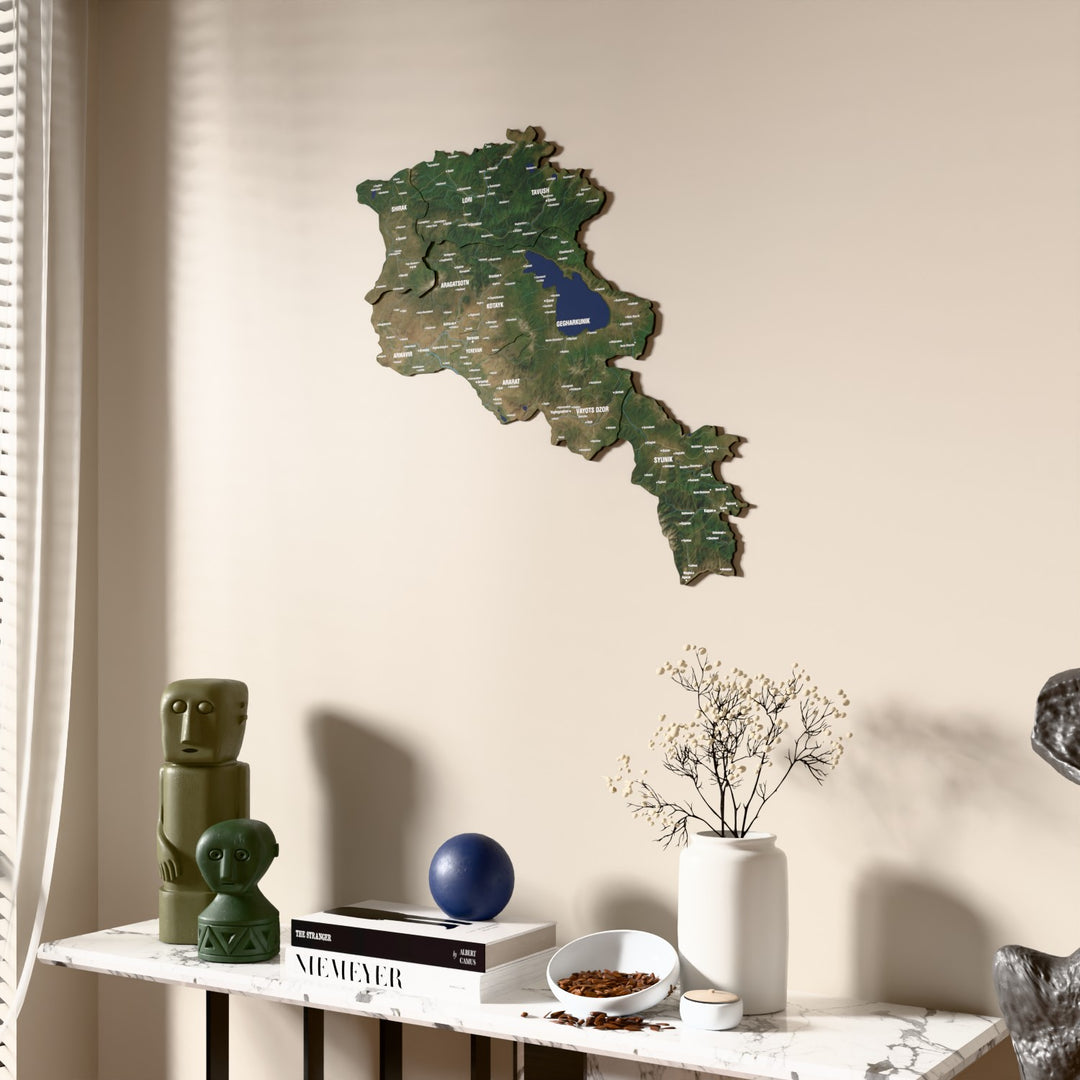 Satellite Armenia wooden wall map beside a sheer curtain, angled view