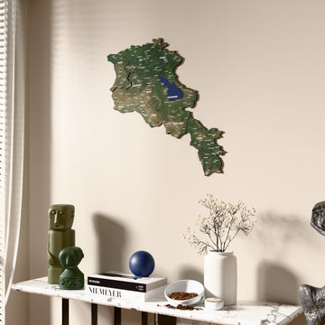 Satellite Armenia wooden wall map beside a sheer curtain, angled view