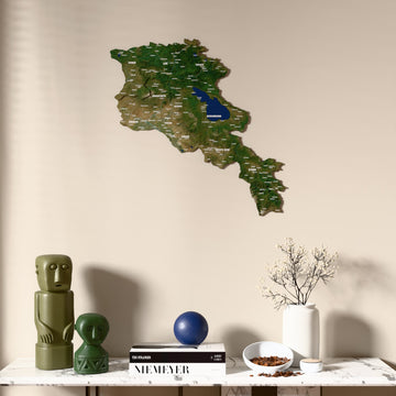 Satellite Armenia wooden wall map above a marble console, front view