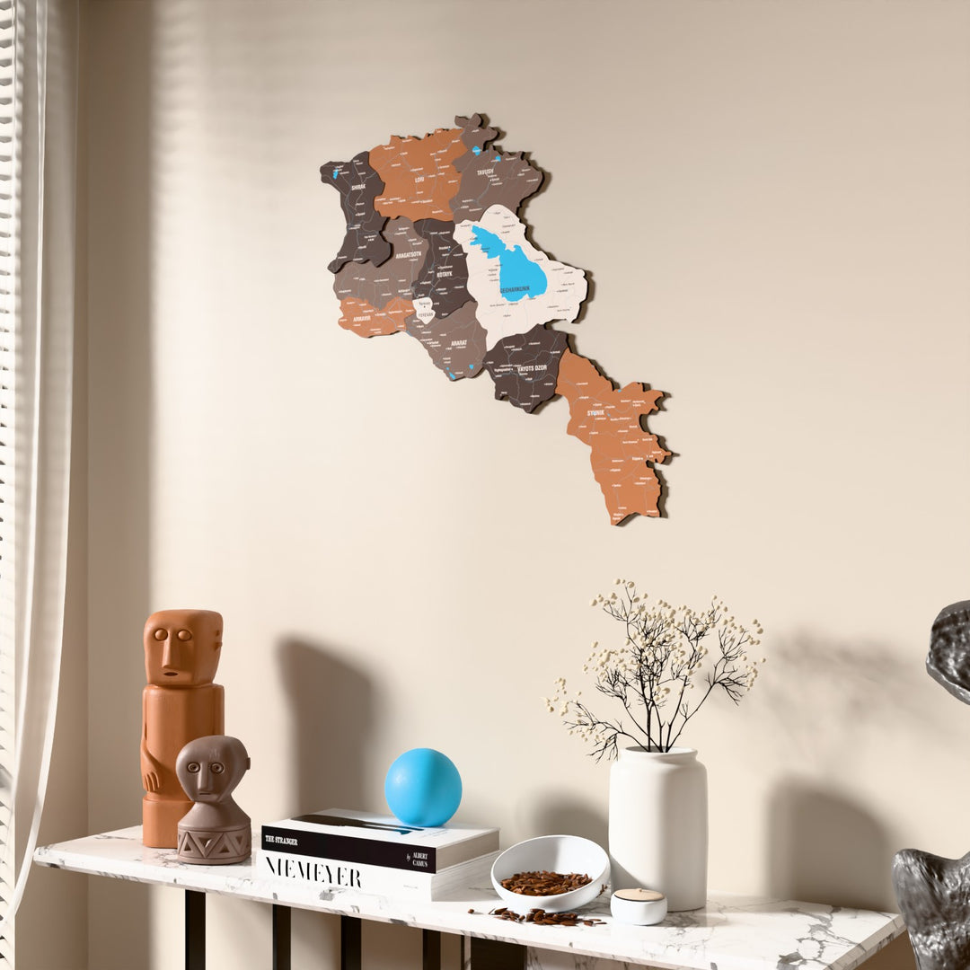 Soil Armenia wooden wall map beside a sheer curtain, angled view