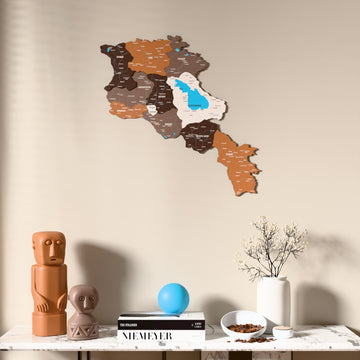 Soil Armenia wooden wall map above a marble console, front view