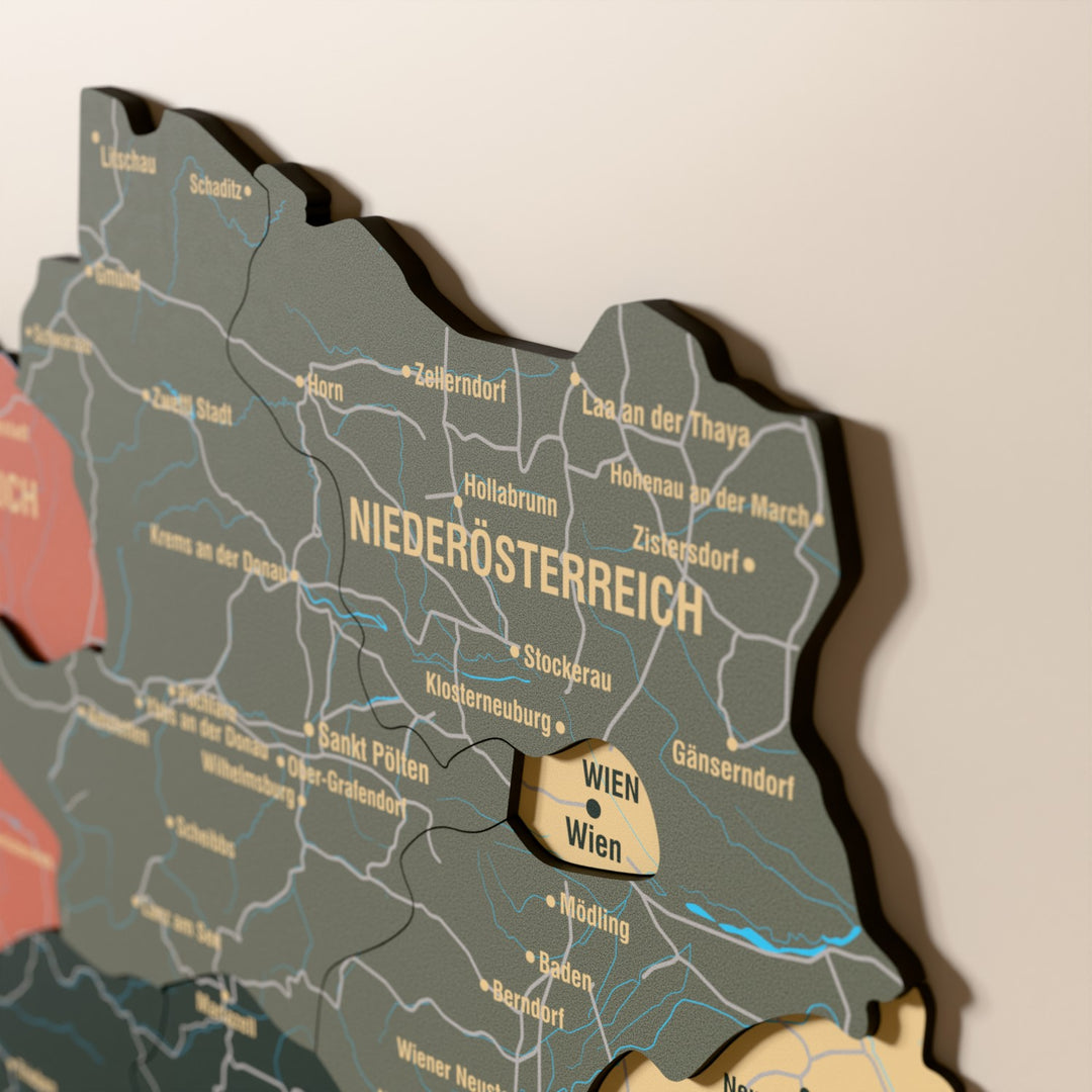 Close-up of the Sage Austria wooden wall map with layered regions and printed names