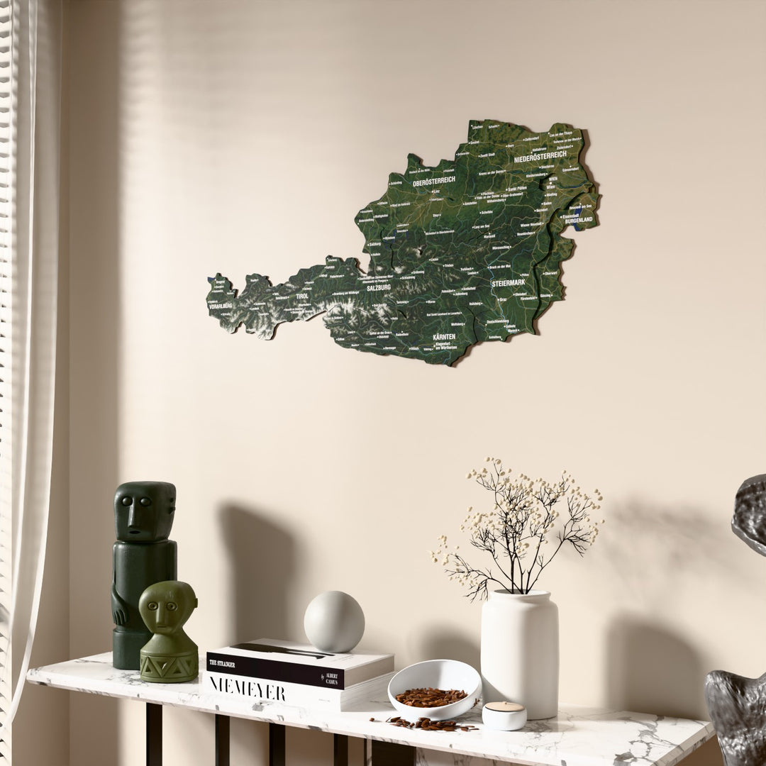 Satellite Austria wooden wall map beside a sheer curtain, angled view