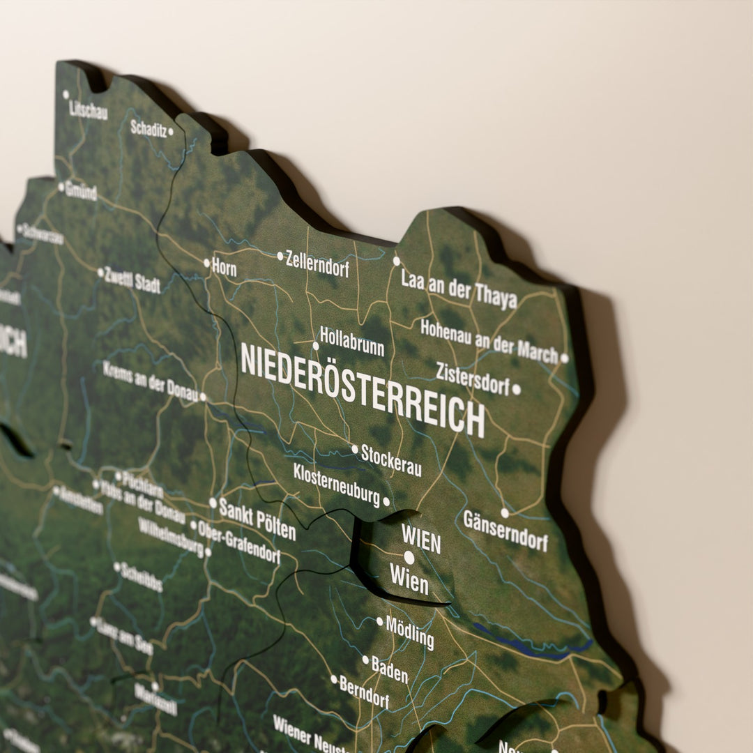 Close-up of the Satellite Austria wooden wall map with layered regions and printed names
