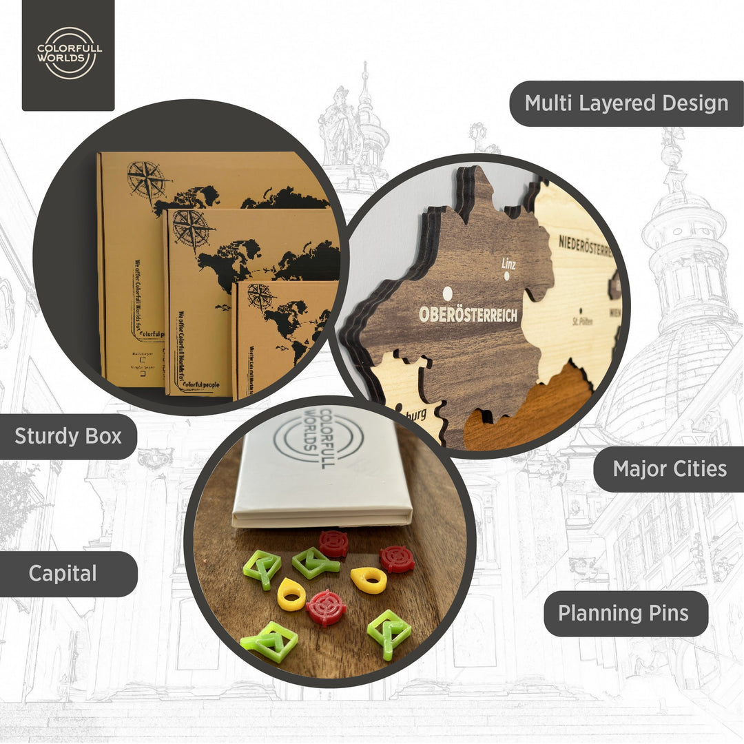 Infographic of the Austria wooden map: multi-layered design, major cities, capital, planning pins, sturdy box