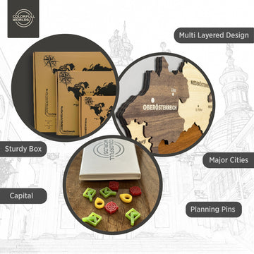 Infographic of the Austria wooden map: multi-layered design, major cities, capital, planning pins, sturdy box