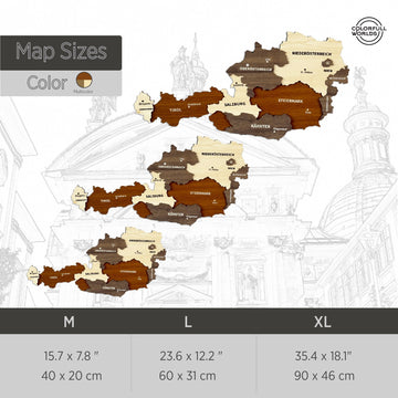 Size chart for the Austria wooden map: M 15.7 x 7.8 in, L 23.6 x 12.2 in and XL 35.4 x 18.1 in