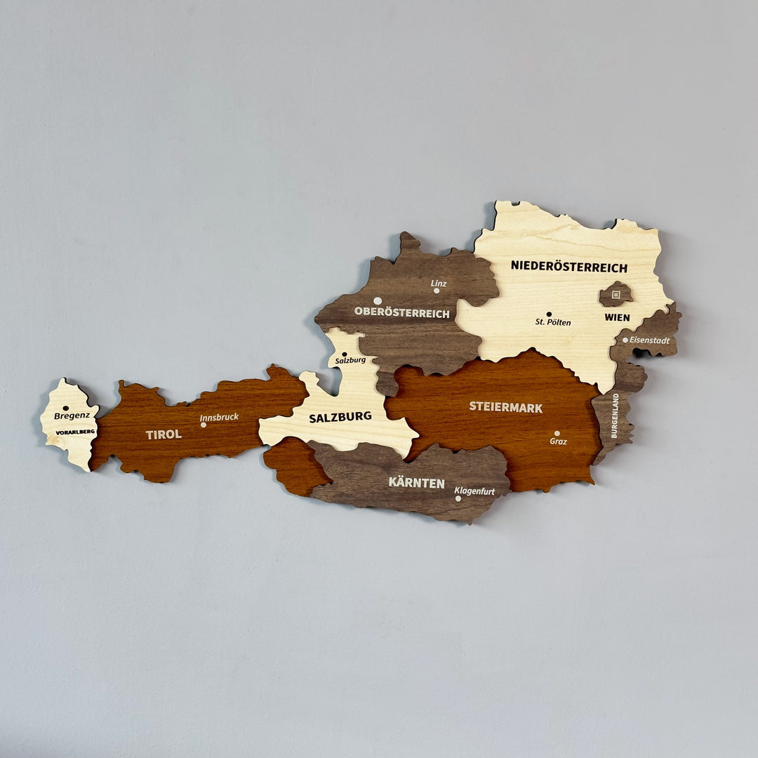 Austria wooden wall map with state names in brown, gray and cream layers, angled view on a gray wall