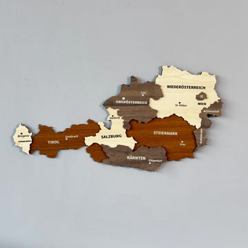 Austria wooden wall map with state names in brown, gray and cream layers, angled view on a gray wall