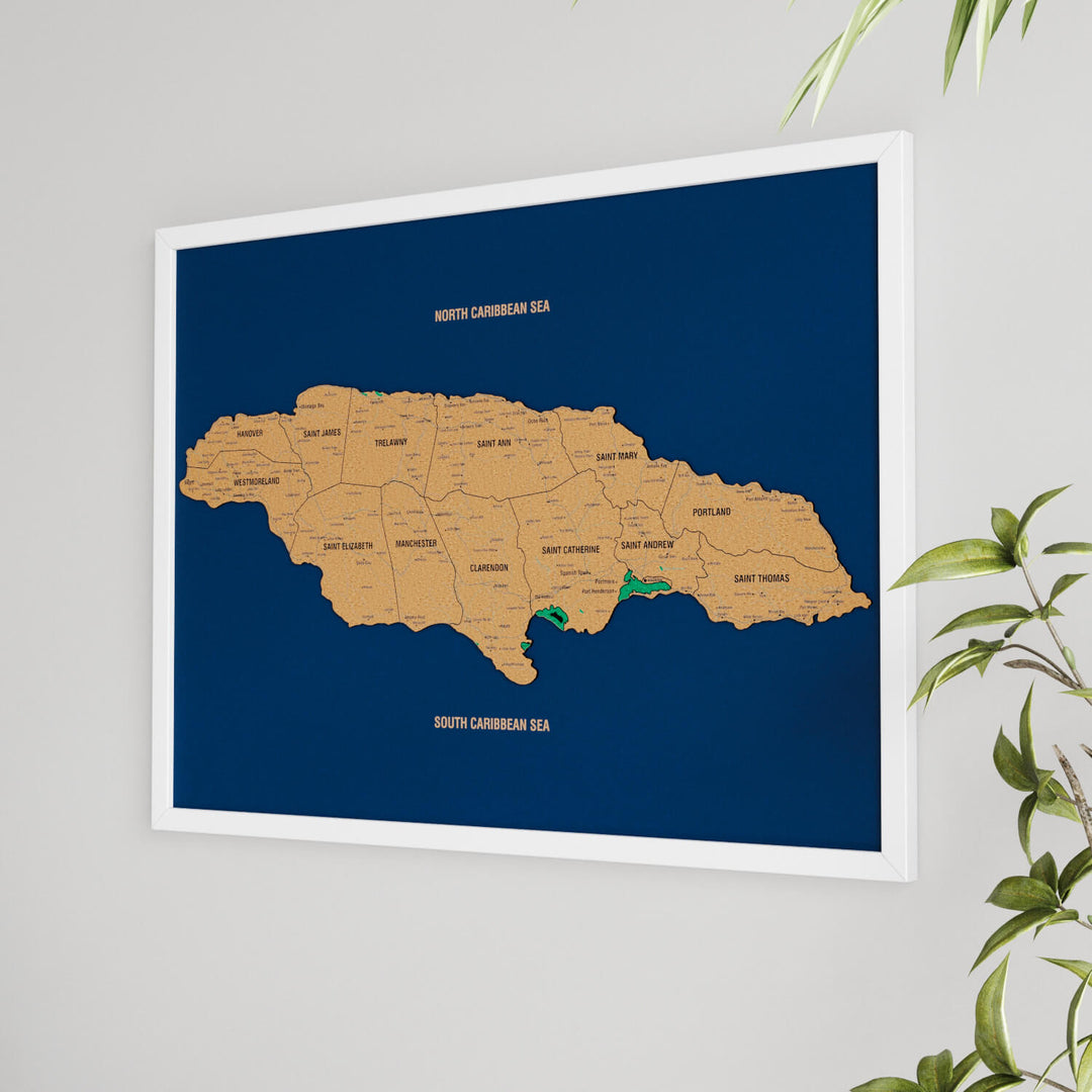 Framed Jamaica Cork Wall Map Decor