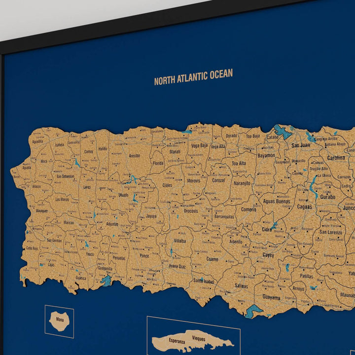 Framed Puerto Rico Cork Wall Map Decor