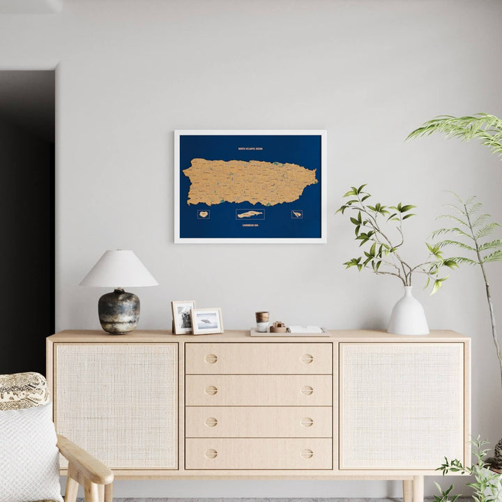 Framed Puerto Rico Cork Wall Map Decor