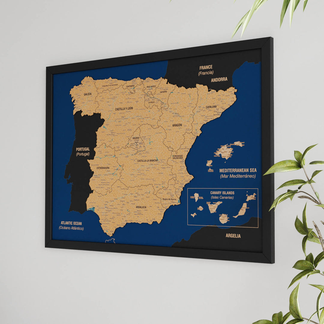 Framed Spain Cork Wall Map Decor
