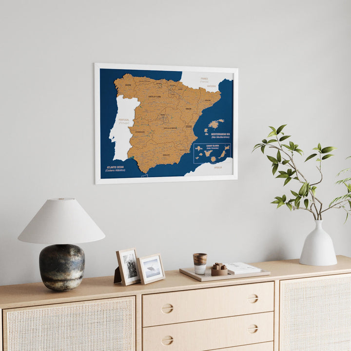Framed Spain Cork Wall Map Decor