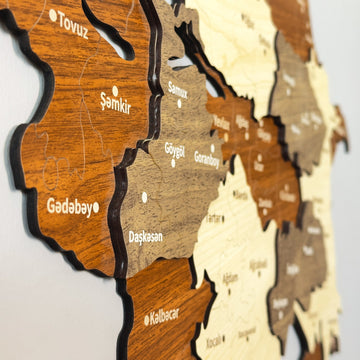 Close-up of the Azerbaijan wooden wall map showing Şamkir, Gədəbəy and Daşkəsən labels on layered wood
