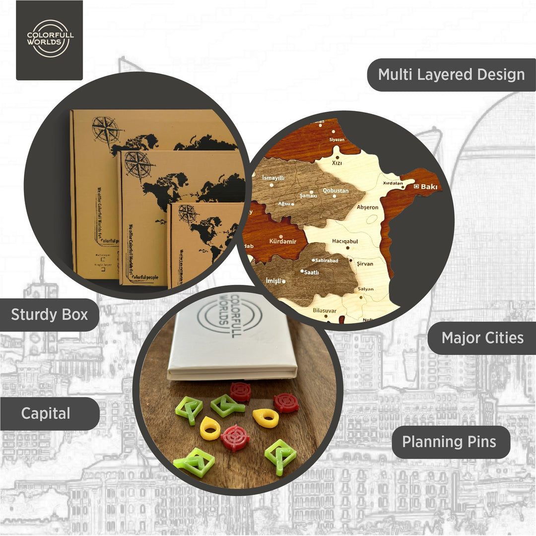 Azerbaijan wooden wall map infographic: multi-layered design, sturdy box, major cities, capital and planning pins