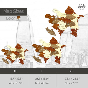 Size chart for the Azerbaijan wooden wall map: M 40 x 32 cm, L 60 x 48 cm, XL 90 x 72 cm (15.7 to 35.4 in wide)