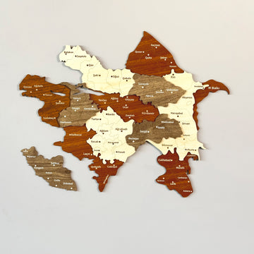 Azerbaijan wooden wall map in cream, tan and brown wood layers with city labels, straight-on view