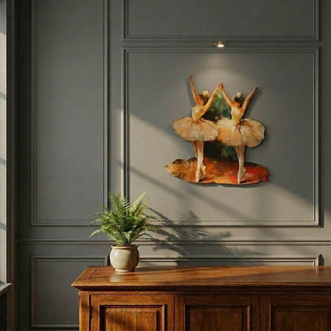 Ballerinas UV printed metal wall art on a green panelled wall above a wooden console