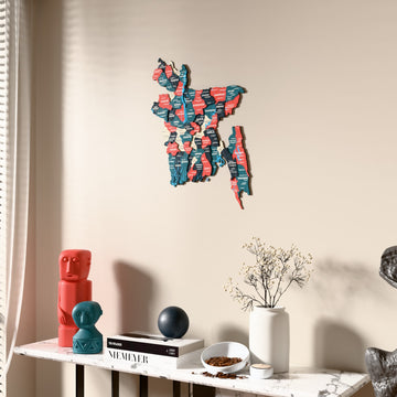 Flag colored Bangladesh wooden wall map beside a sheer curtain, angled view