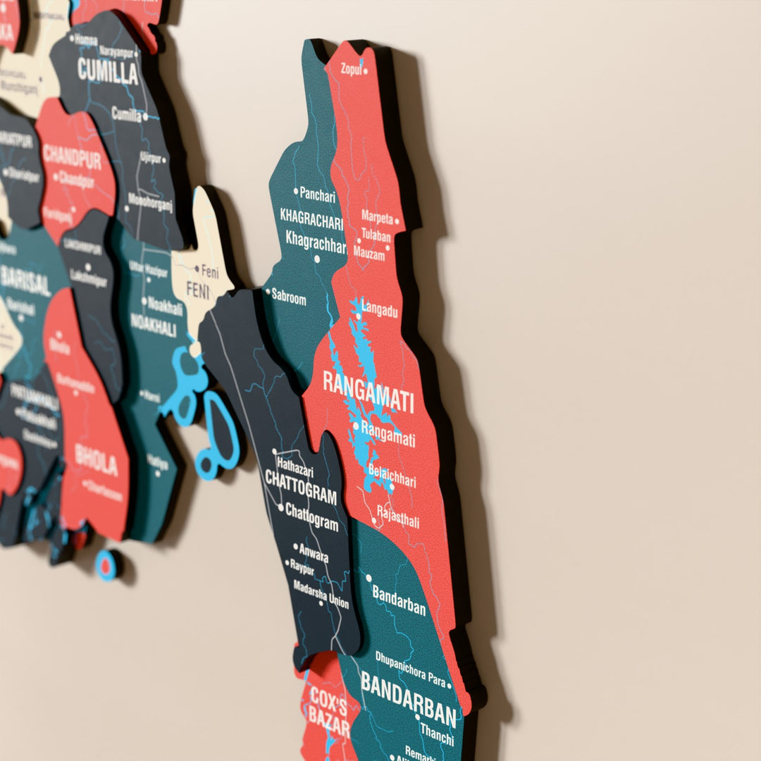 Close-up of the Flag colored Bangladesh wooden wall map with layered regions and printed names