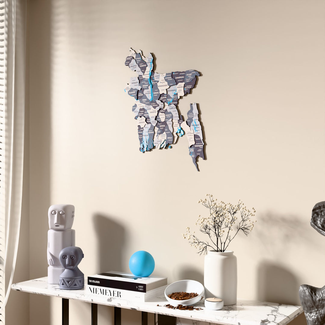 Nimbus Bangladesh wooden wall map beside a sheer curtain, angled view